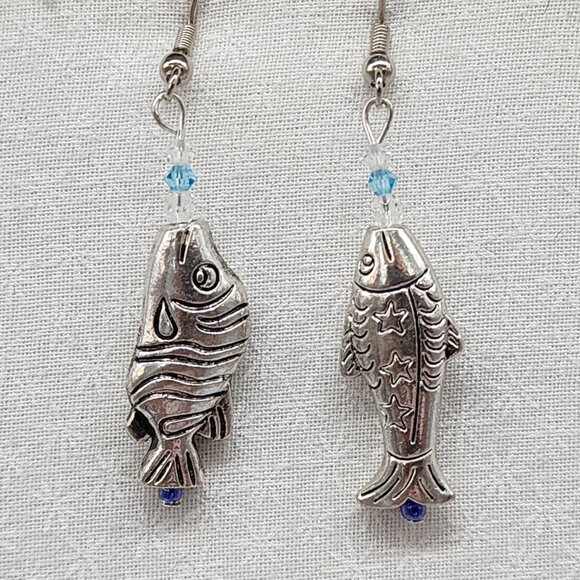 Silver Fish Dangle Earrings With Blue Crystal Accents Handmade Jewelry - Picture 4 of 4